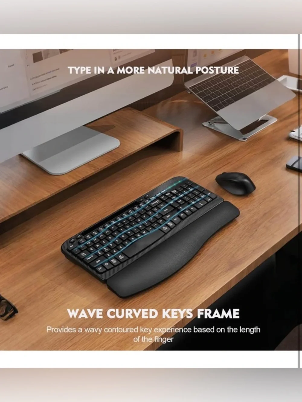 Wireless Keyboard and Mouse Combo, Wave Keys Full-Sized Ergonomic Keyboard
